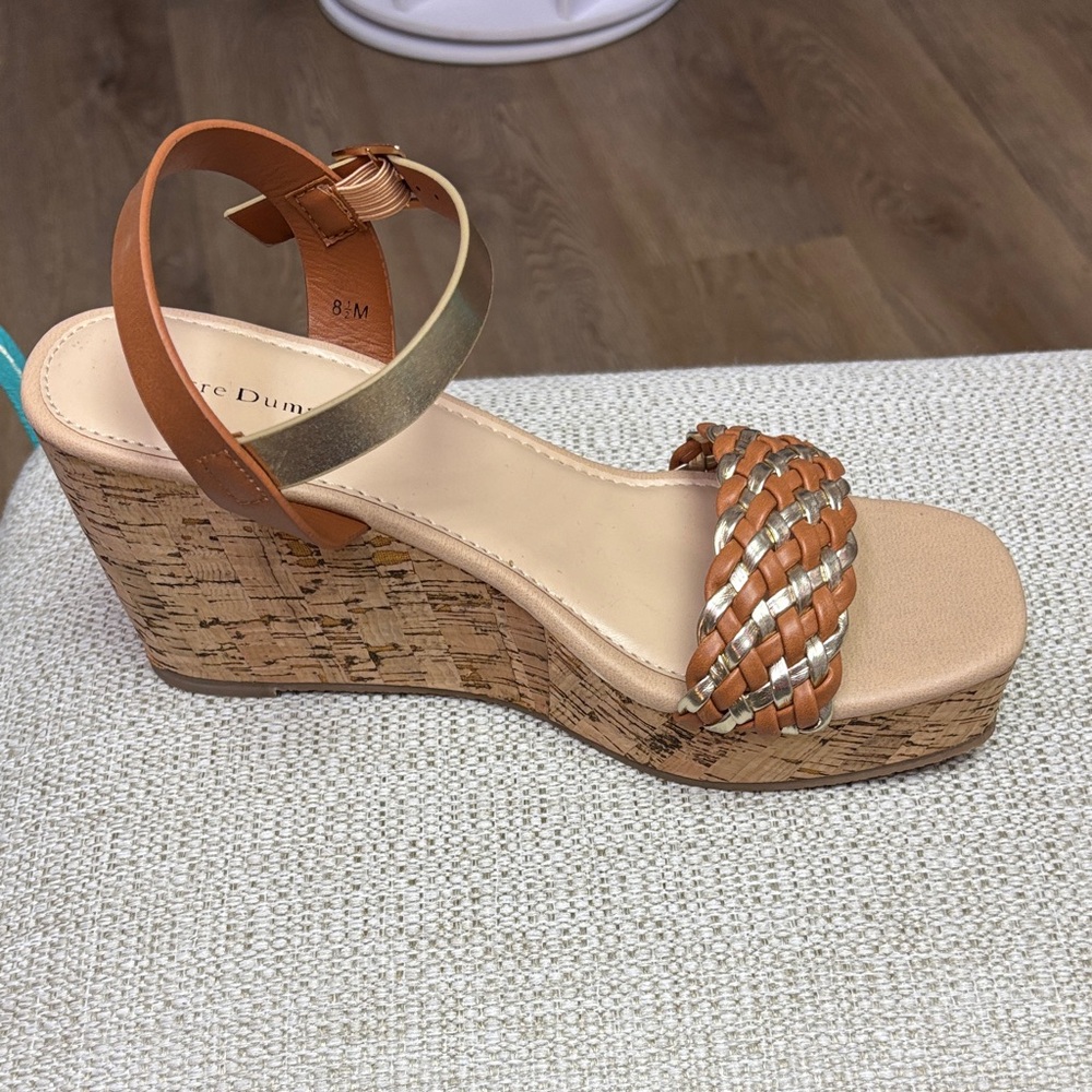 Pierre Dumas Tan and Gold Wedge Sandals
